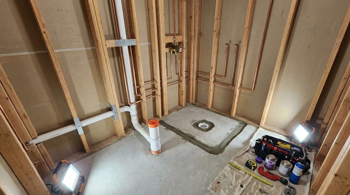 Bathroom rough-in plumbing during remodel by Johns Plumbing LLC in Rockmart