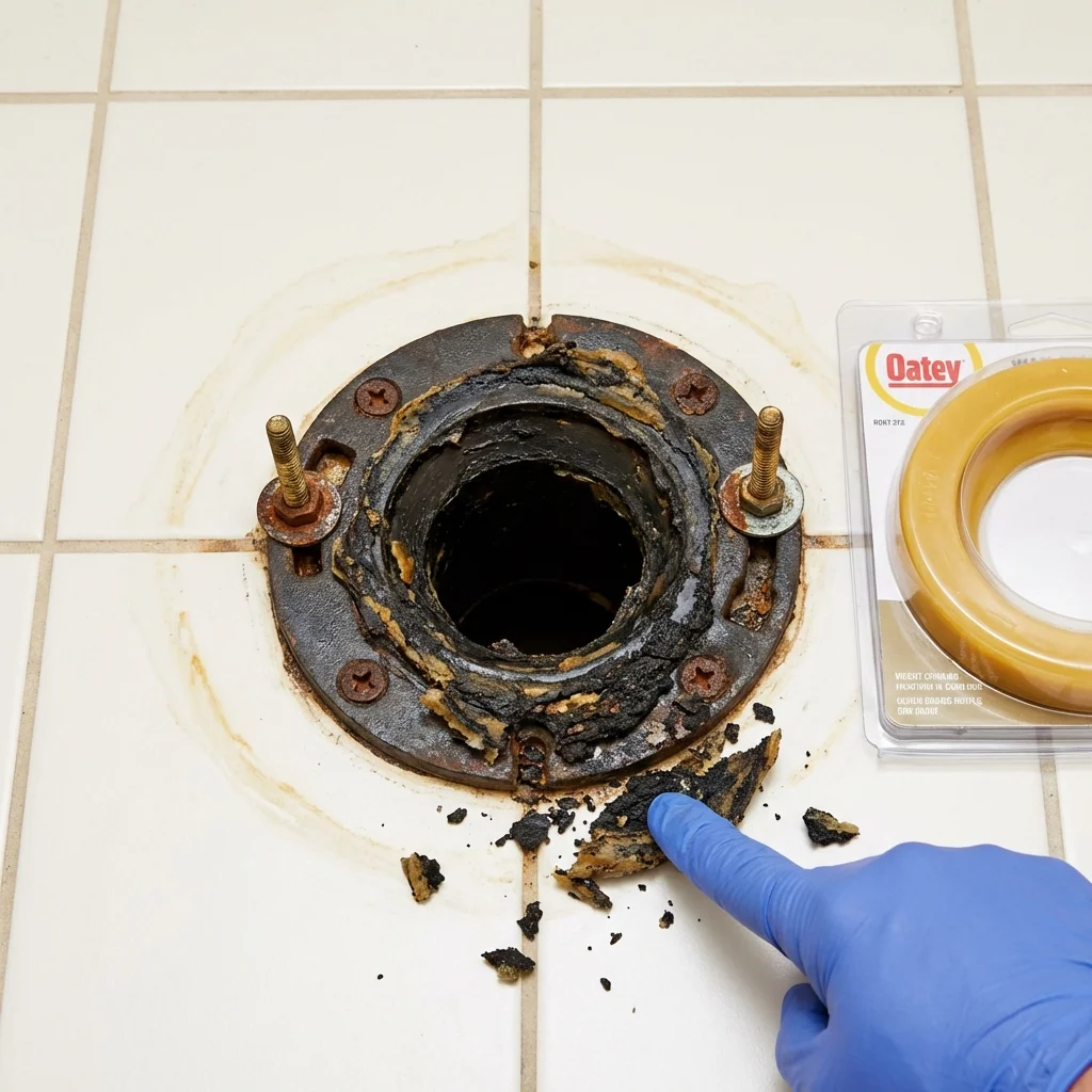 Failed wax ring showing water seepage at the base of a toilet in a Rockmart, GA home