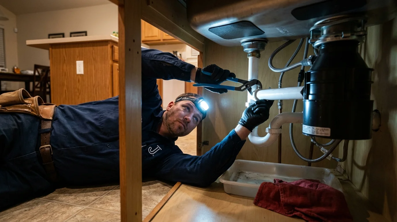 P-trap and supply line connections under a kitchen sink showing a common leak point in Rockmart, GA